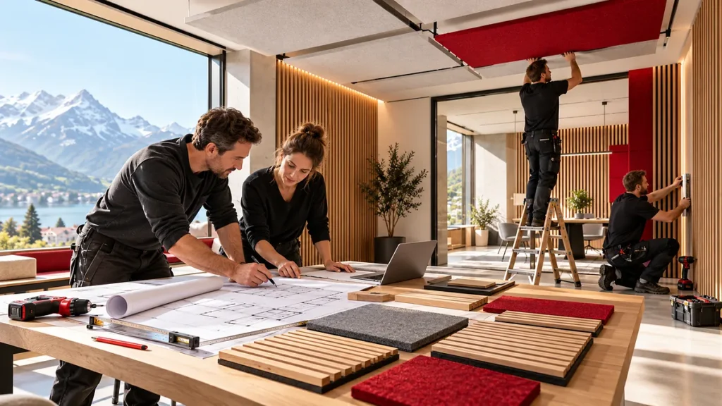 Planungsarbeitsplatz mit Architekturzeichnungen und akustischer Fachplanung