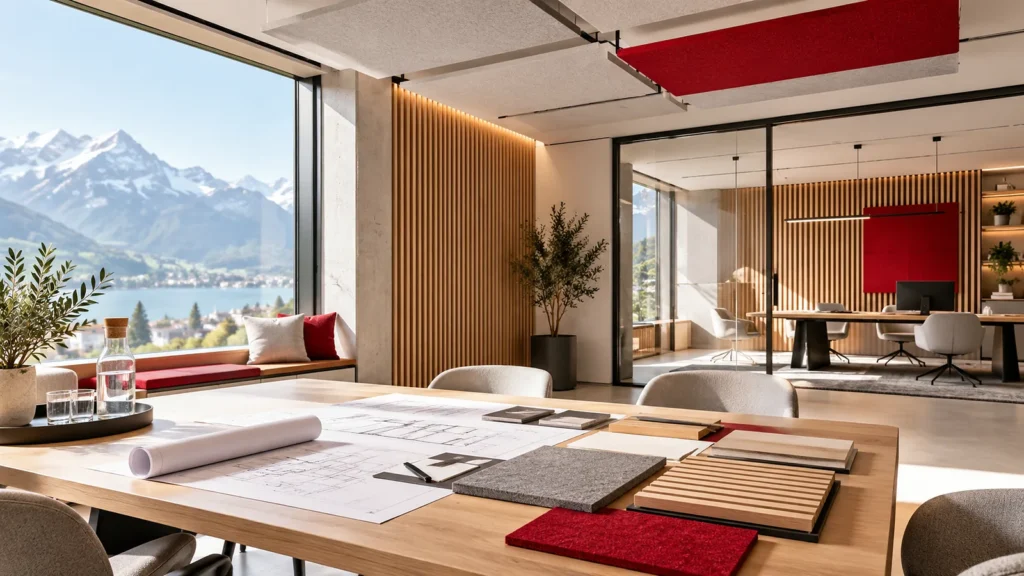 Modernes Büro mit akustisch gestalteten Wandflächen und Blick auf die Alpen