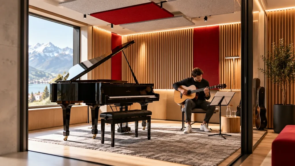 Musiker mit Gitarre und Klavier in einem akustisch gestalteten Proberaum