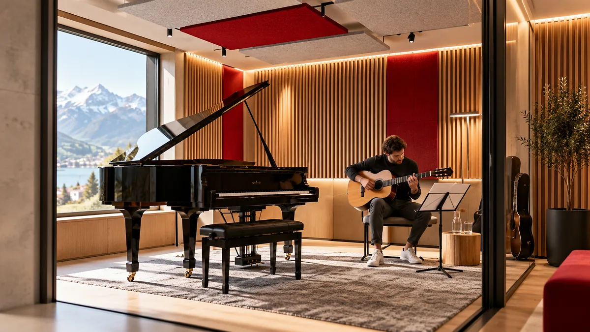 Musiker mit Gitarre und Klavier in einem akustisch gestalteten Proberaum